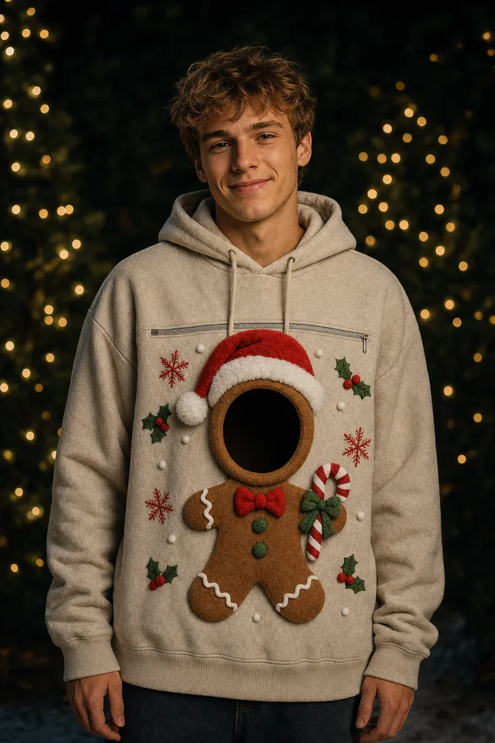 A young man in an oat hoodie with a gingerbread design and an empty round opening where the face should be