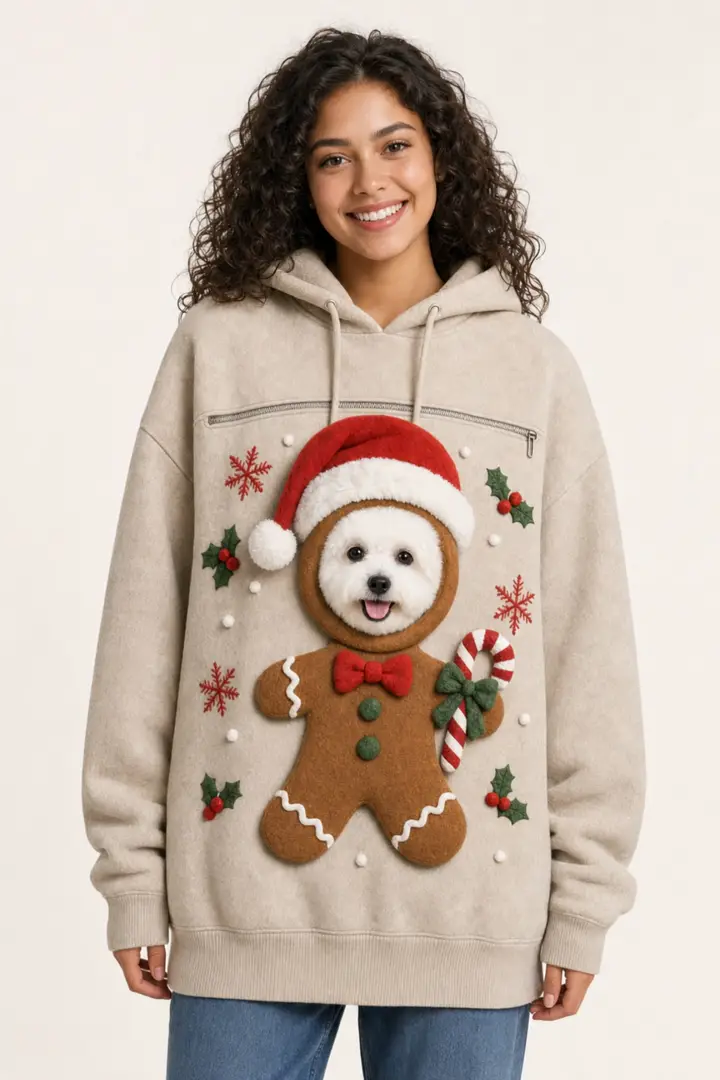 A woman wearing the gingerbread hoodie with a white puppy peeking out of the front